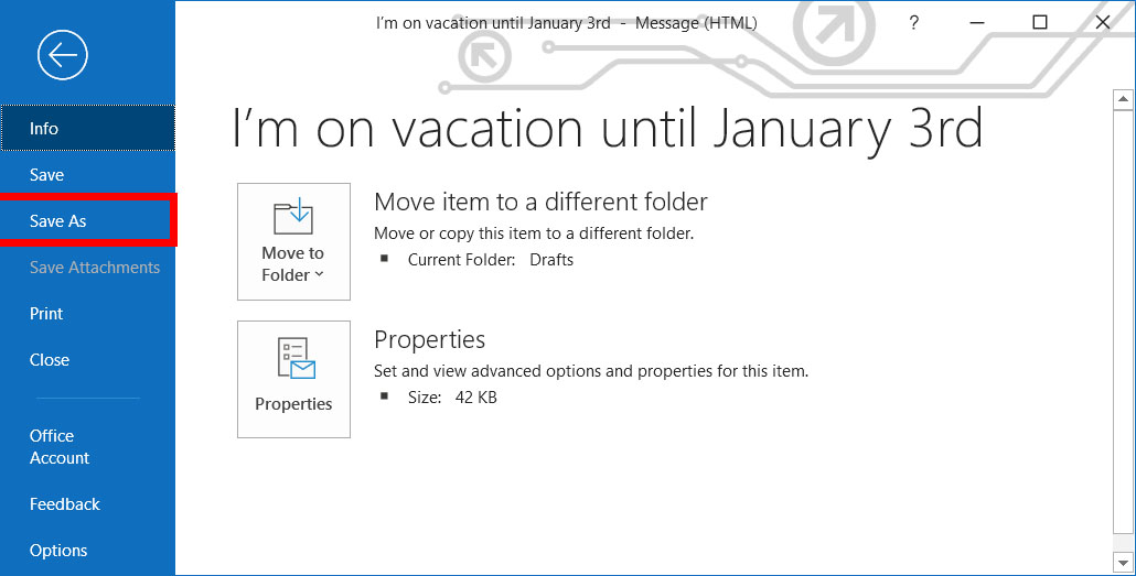 Save the new Outlook email as a backup