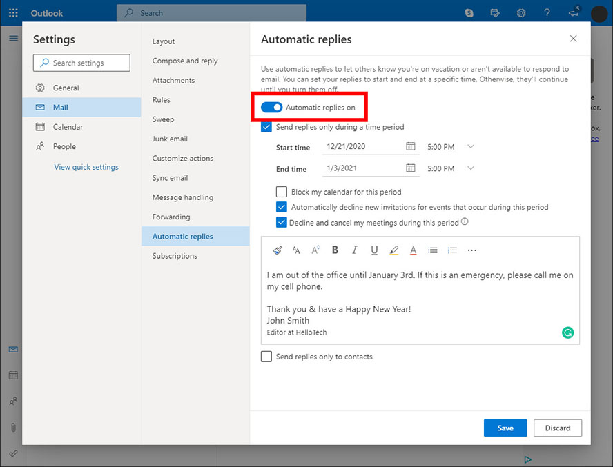 How to configure automatic answers outside the office in the web version of Microsoft Outlook