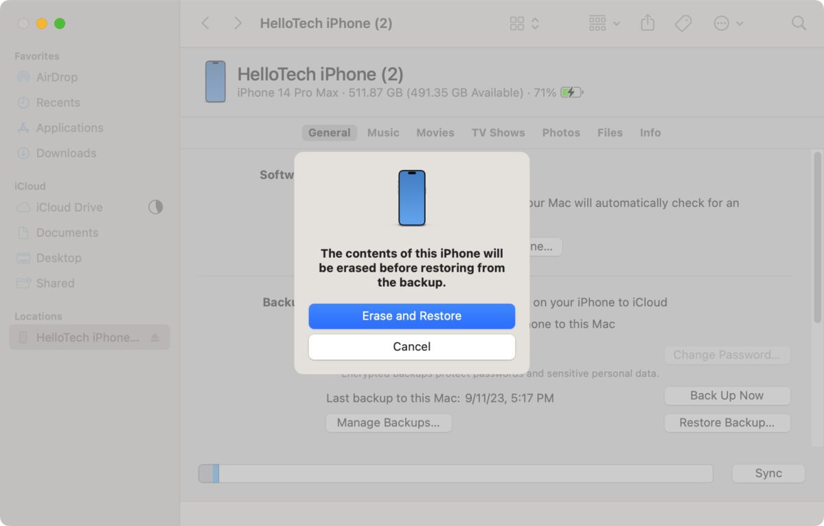 How to Restore iPhone from Finder